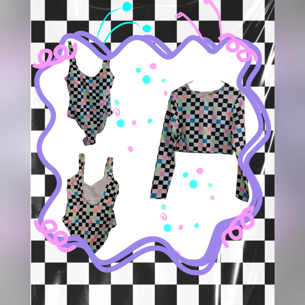 2 Pc. 1 Piece Swim Suit W/Long Sleeve Swim Top Checkered Board Style Patterned.